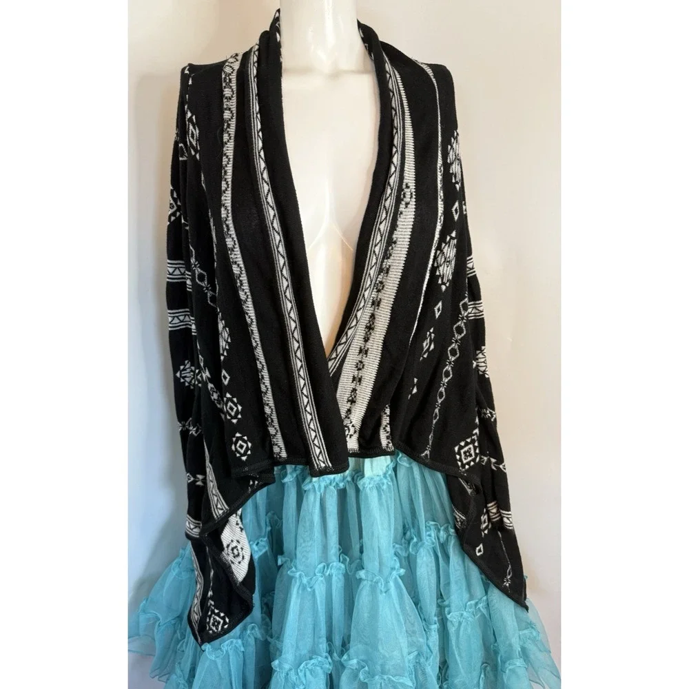Say What Womens Cardigan Open Front Size S‎ Black And White Diamond Stripe EUC